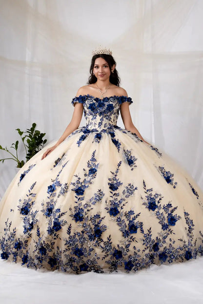 Front-Facing of a woman wearing Champagne and burgundy ball gown with two-tone styling off-shoulder floral bodice and detailed 3D flower embellishments