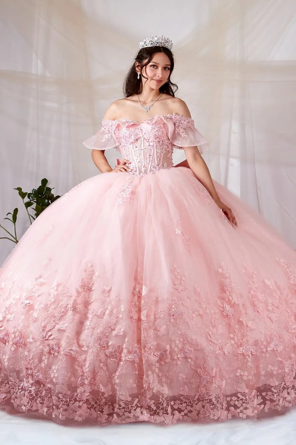 Front-Facing of a woman wearing Blush ball gown with sheer off-shoulder flounce sleeves 3D butterfly accents and sparkling tulle skirt