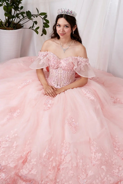 Rear View of a woman wearing Blush dress showcasing full glitter tulle skirt dimensional butterfly accents and graceful movement