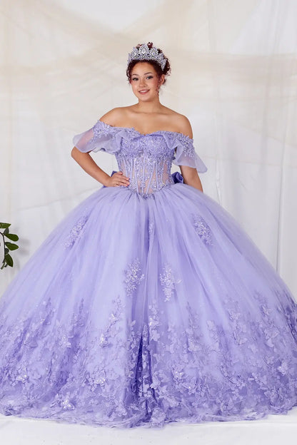 Front-Facing of a woman wearing Lilac ball gown with sheer off-shoulder flounce sleeves 3D butterfly accents and glitter tulle skirt for a statement quinceanera look