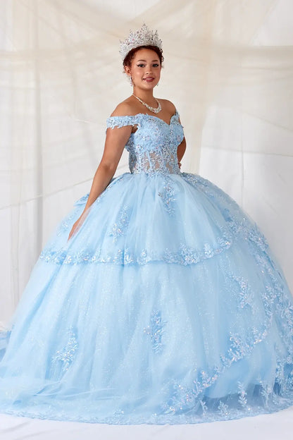 Front-Facing of a woman wearing Blush ball gown with off-shoulder 3D butterfly design sweetheart neckline embroidered bodice and glitter tulle skirt