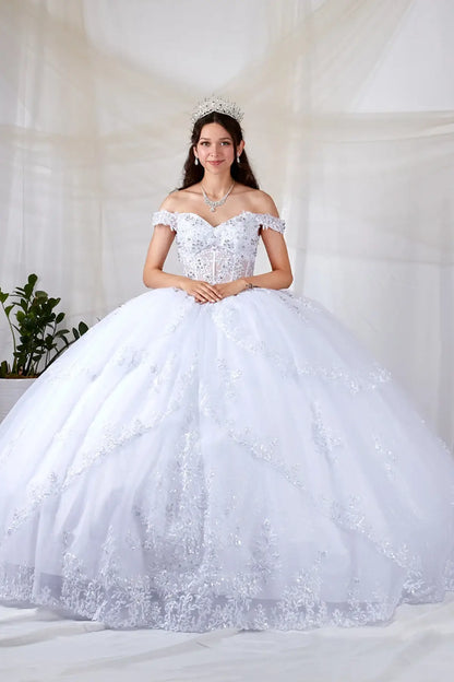 Front-Facing of a woman wearing White ball gown with sheer sweetheart neckline off-shoulder bodice floral embroidery and layered glitter tulle skirt