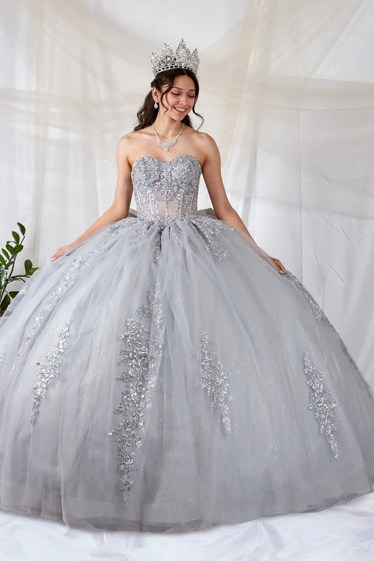 Front-Facing of a woman wearing Silver ball gown with sheer sweetheart neckline off-shoulder bodice floral appliques and embroidered glitter tulle skirt with bow accent