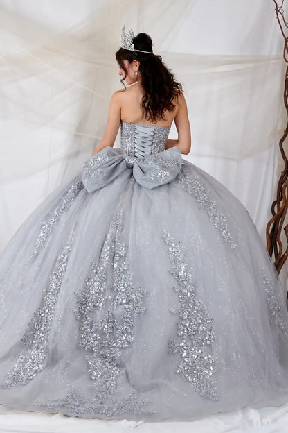 Back-Facing of a woman wearing Silver formal gown featuring bow detail trailing hem and layered tulle design
