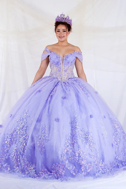 Front-Facing of a woman wearing Lilac ball gown with off-shoulder illusion sweetheart corset bodice beaded embroidery and 3D floral appliqués