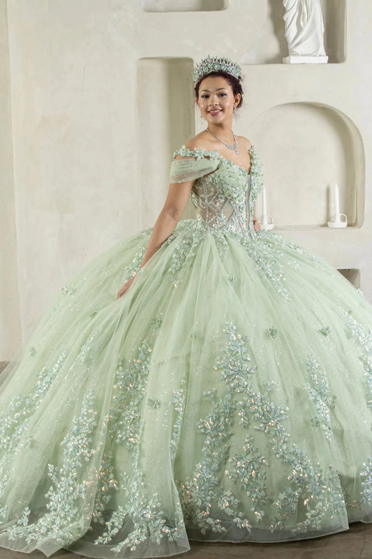 Side view of a woman wearing Sage dress showcasing voluminous skirt textured flowers and graceful flow