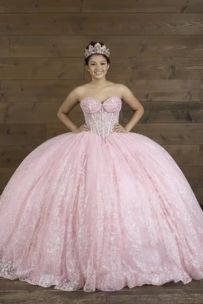 Front-Facing of a woman wearing Bubble pink strapless ball gown with structured bodice lace appliqué beading and glitter tulle skirt