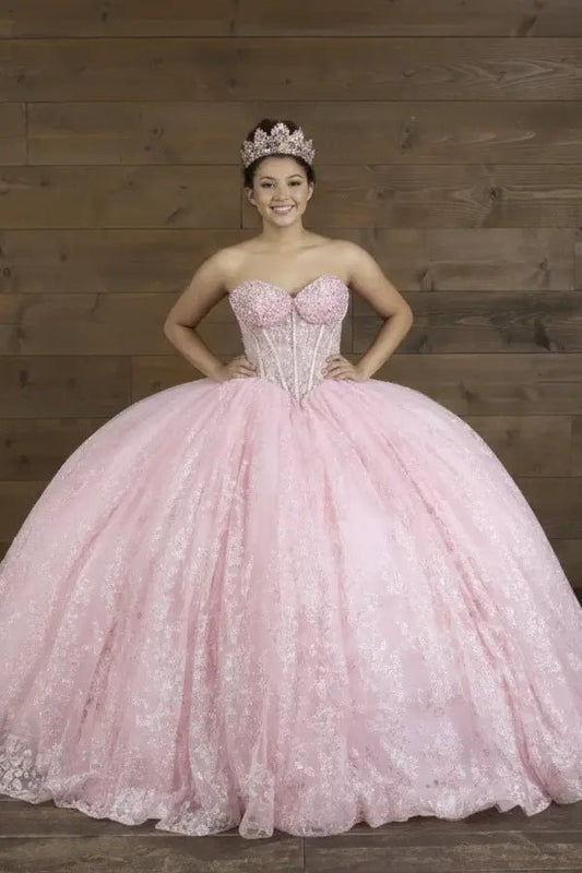 Front-Facing of a woman wearing Bubble pink strapless ball gown with structured bodice lace appliqué beading and glitter tulle skirt