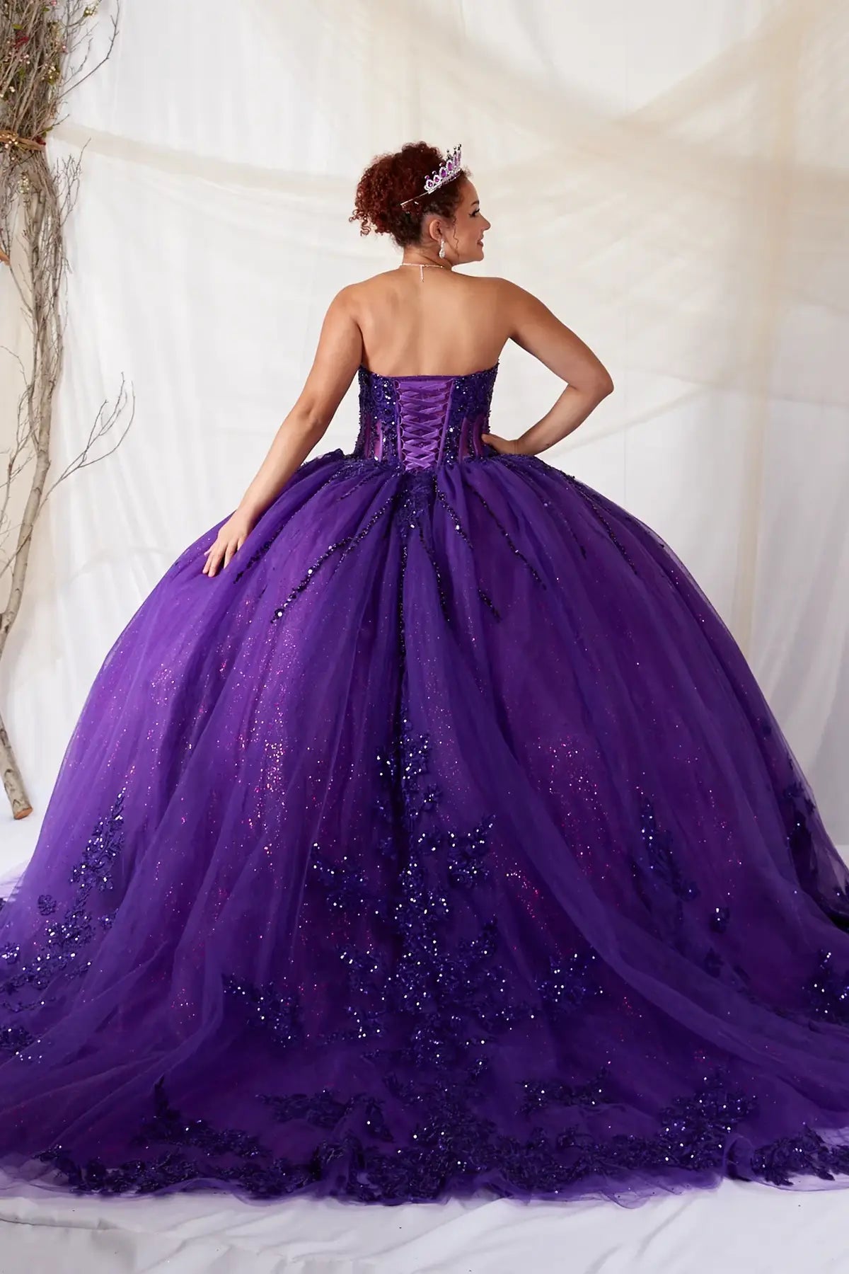 Back-Facing of a woman wearing Purple formal gown featuring fitted bodice full skirt and elegant silhouette
