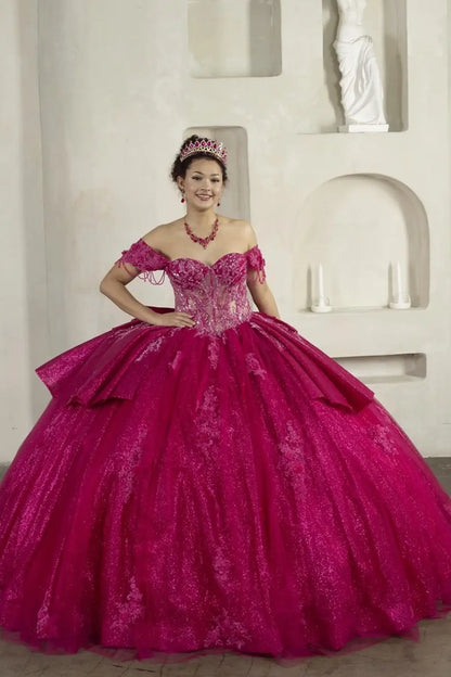 Front-Facing of a woman wearing Fuchsia ball gown with off-shoulder 3D butterfly design sweetheart neckline embroidered bodice and glitter tulle skirt