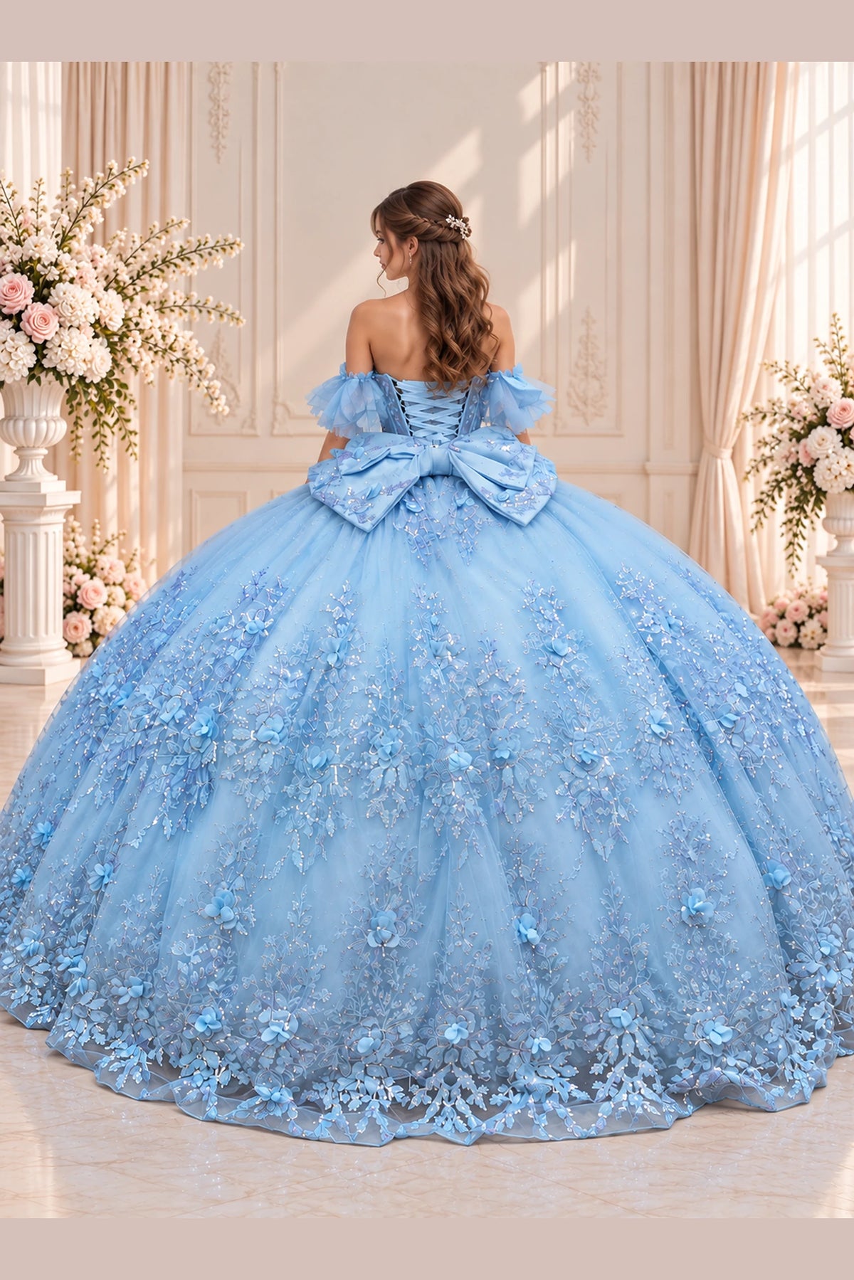 An oversized bow and lace-up closure accent the back of this Bahama Blue quinceañera dress.