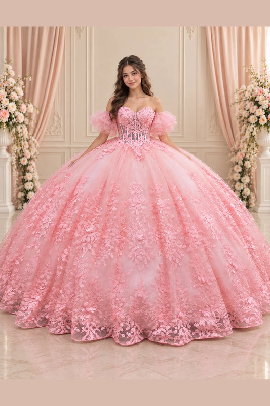 Blush Pink (Blush/Pink) quinceañera dress with floral appliqués cascading over a full skirt and softly ruffled sleeves.