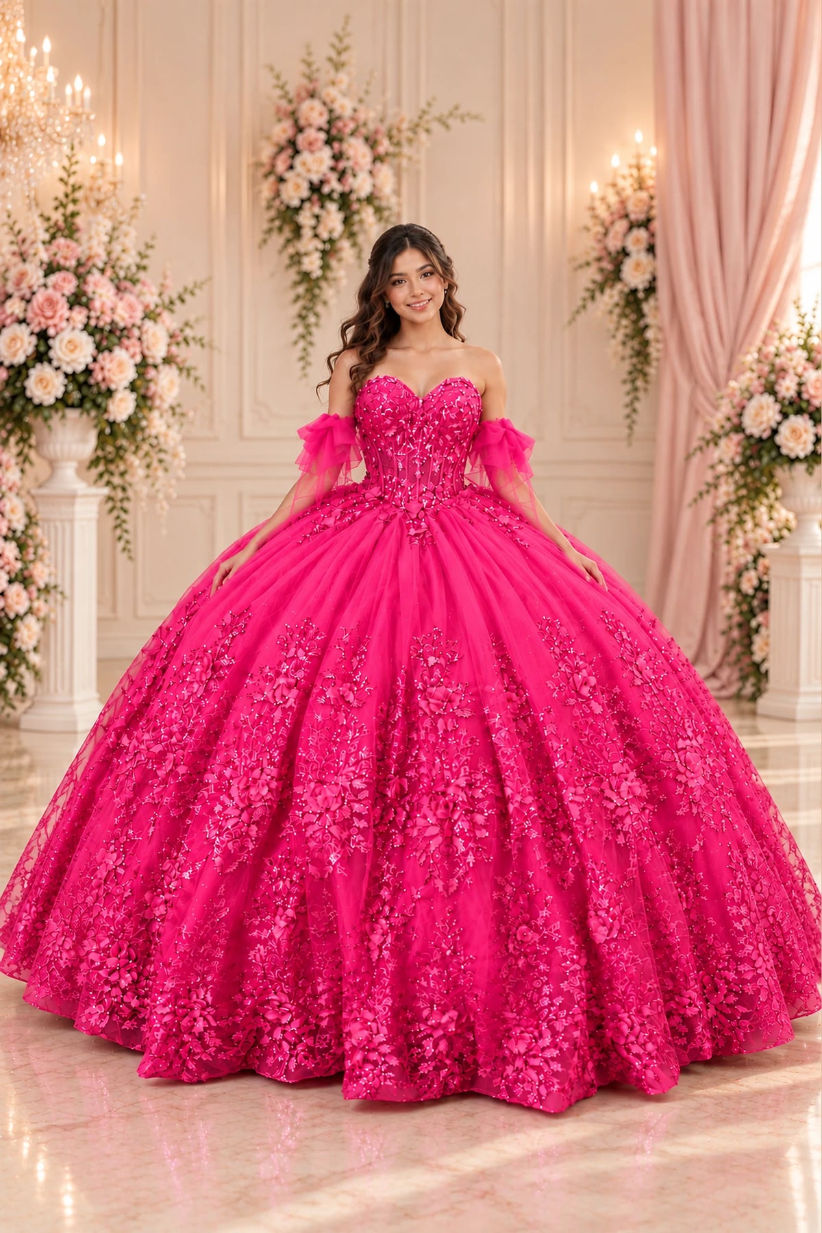 Fuchsia quinceañera dress with floral appliqués across a full ball gown skirt and a sweetheart bodice.