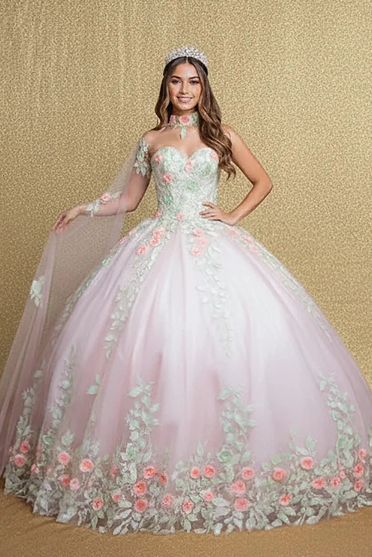 Blush quinceañera ball gown with two‑tone design, floral embroidery and detachable cape