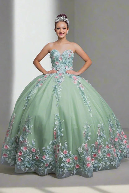 a strapless sage green quinceañera ball gown with 2-tone floral embroidery 