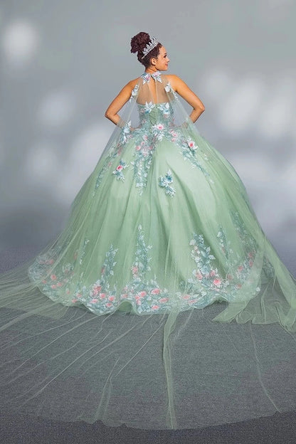 voluminous sage green ball gown with floral embroidery with sheer cape