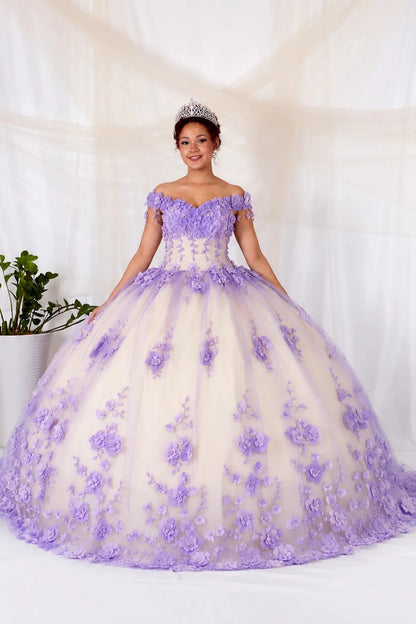 Bodice close-up highlights lilac quinceañera ball gown with off‑shoulder neckline, floral applique, layered train and cream tulle.
