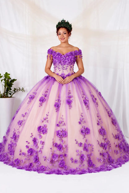Close-up view reveals purple quinceañera ball gown with off‑shoulder neckline, 3D floral applique, layered train.