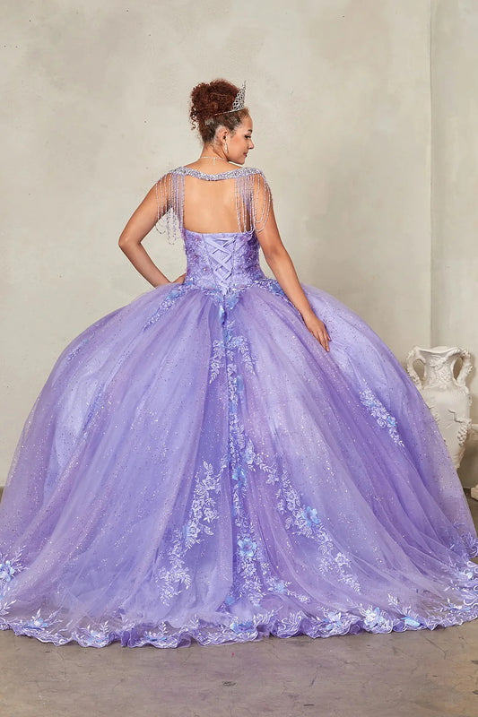 Lilac quinceañera ball gown extending into graceful train with lace appliqués accenting bead-fringed