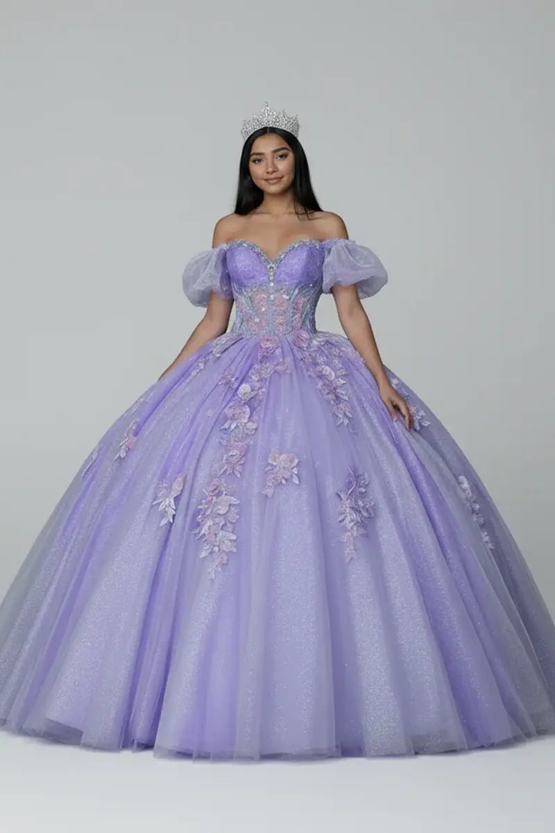 Lilac quinceañera ball gown with illusion sweetheart bodice, corset boning, ruffled straps and glitter tulle skirt