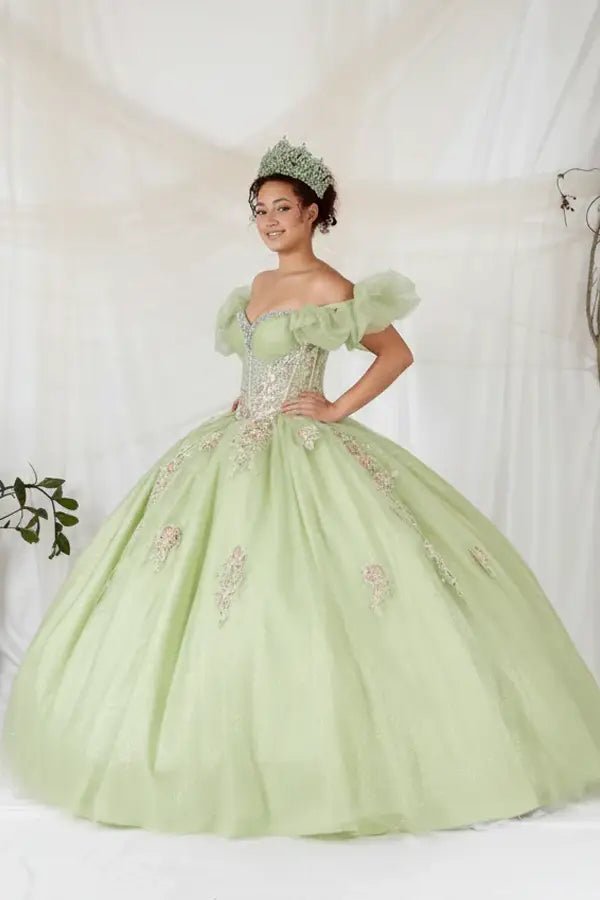 Lime quinceañera ball gown with illusion sweetheart bodice, corset boning, ruffled straps and flowing skirt