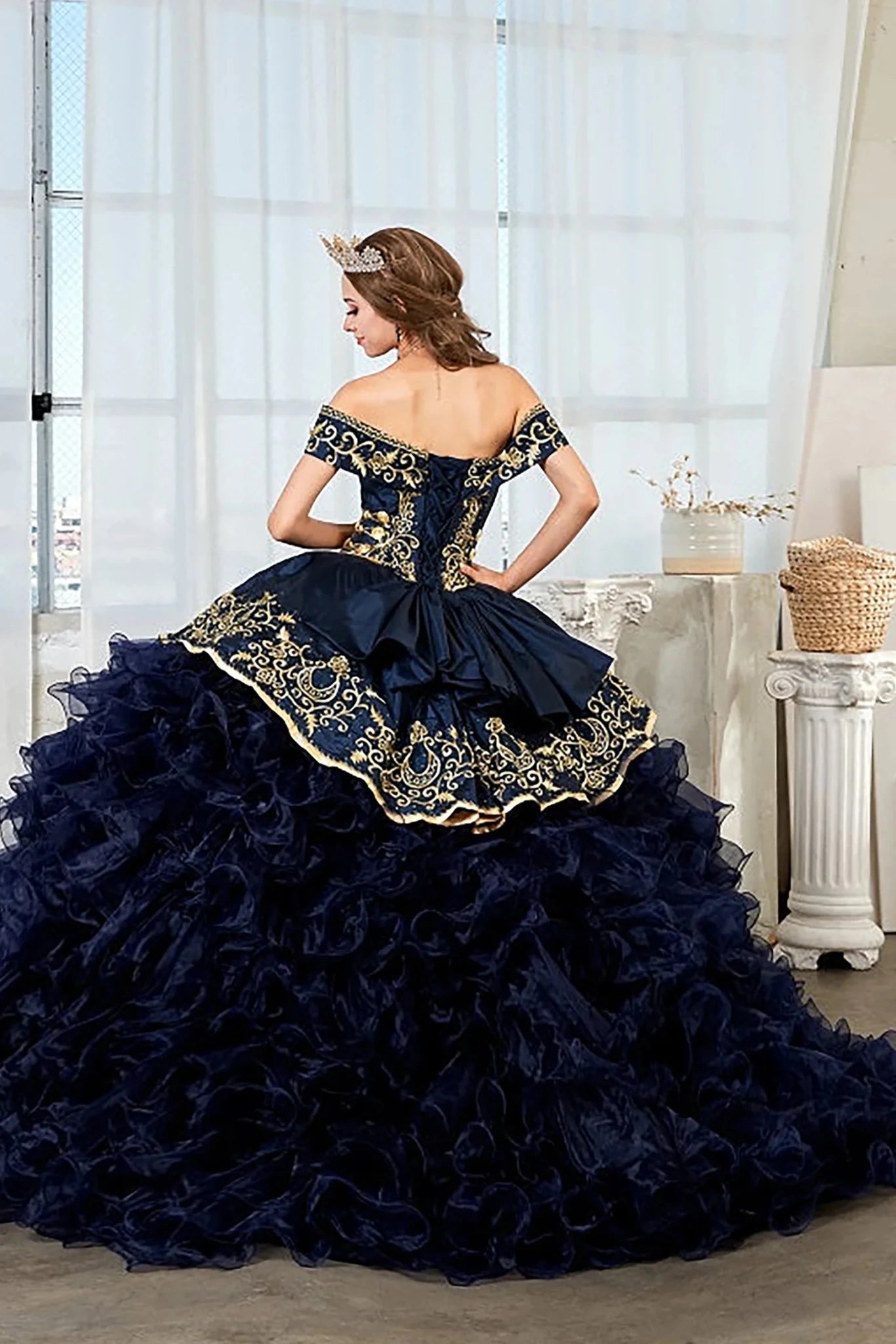 Navy Quinceañera Ball Gown with Beaded Charra Bodice S / Navy