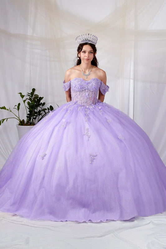 Bodice close-up highlights lilac quinceañera ball gown with spaghetti straps, sheer bodice, 3D butterfly applique.