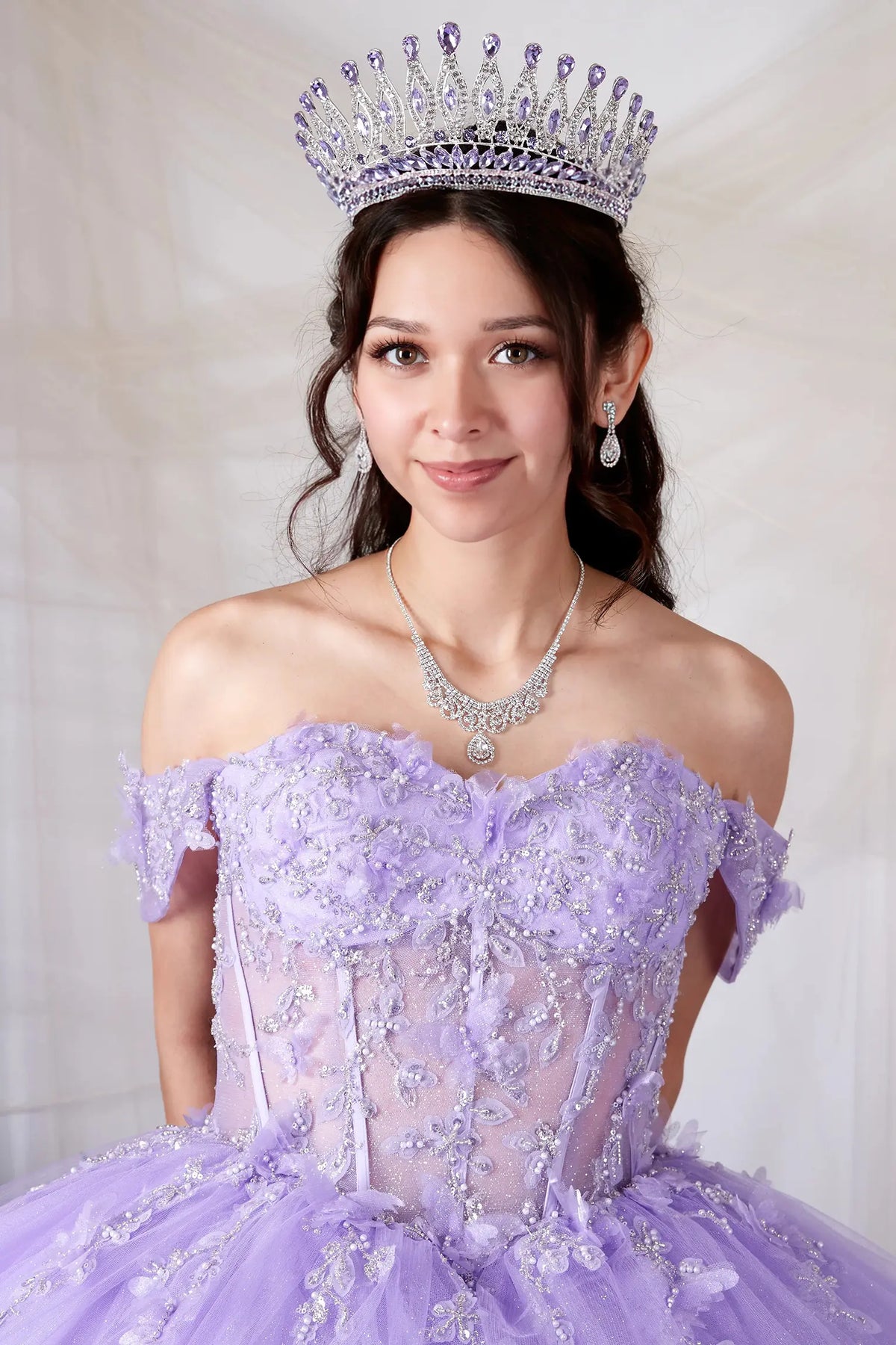 Lilac quinceañera ball gown with 3D butterfly applique, sheer bodice and glitter tulle skirt
