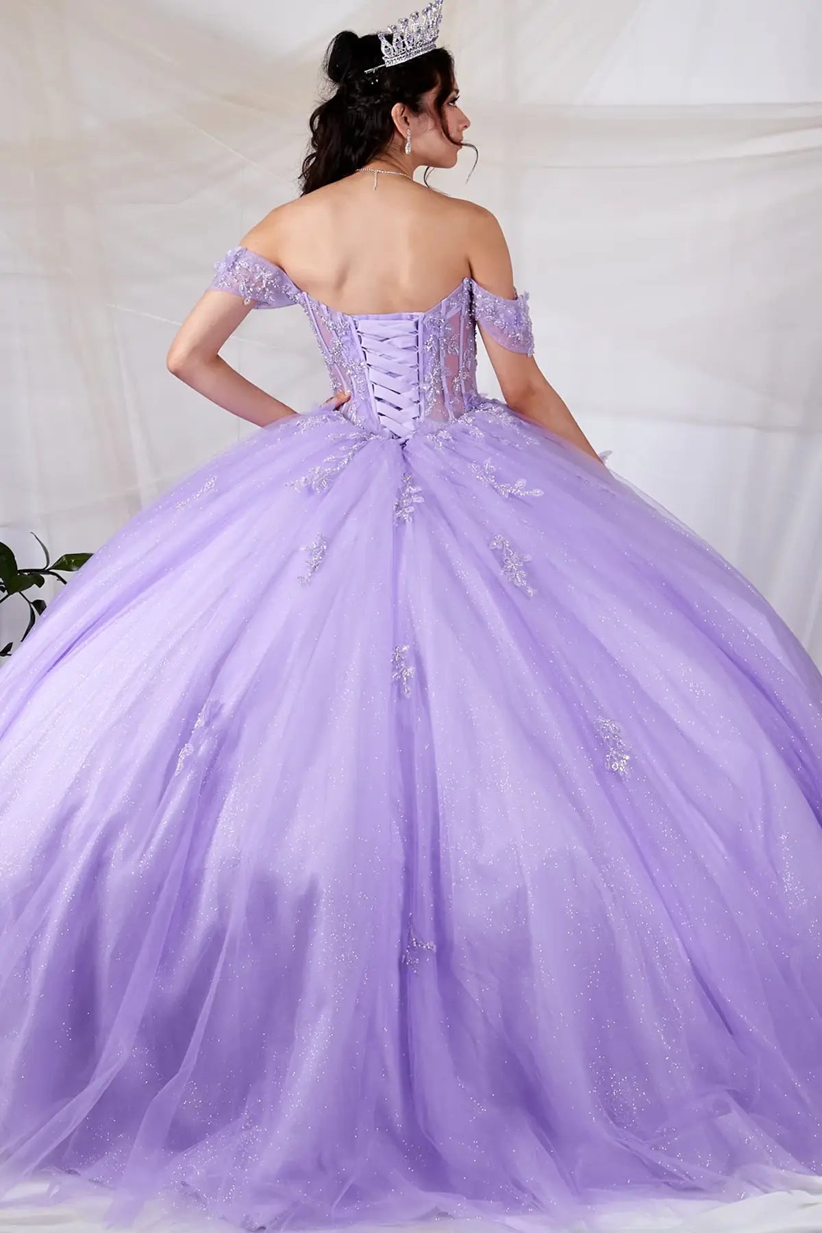 Lilac quinceañera ball gown with 3D butterfly applique, sheer bodice and glitter tulle skirt