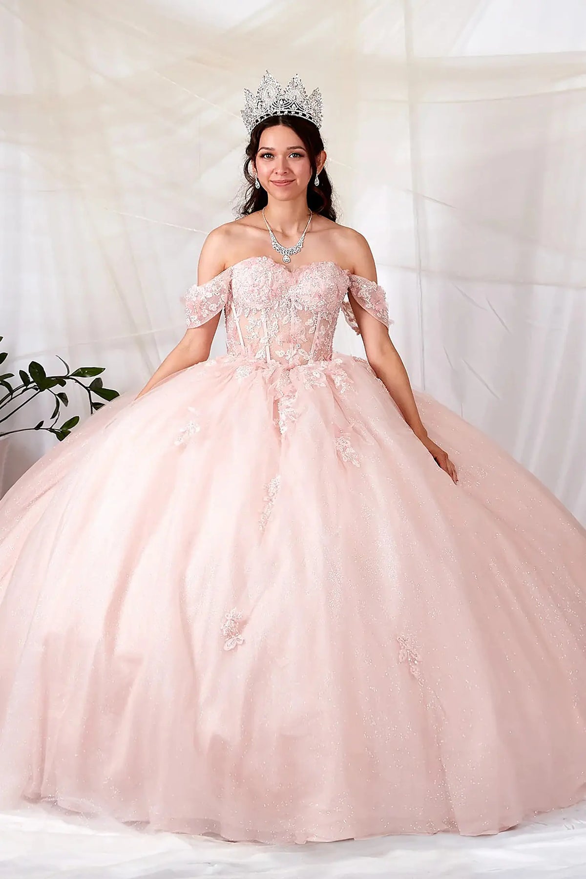 Pink quinceañera ball gown with 3D butterfly applique, sheer bodice and glitter tulle skirt