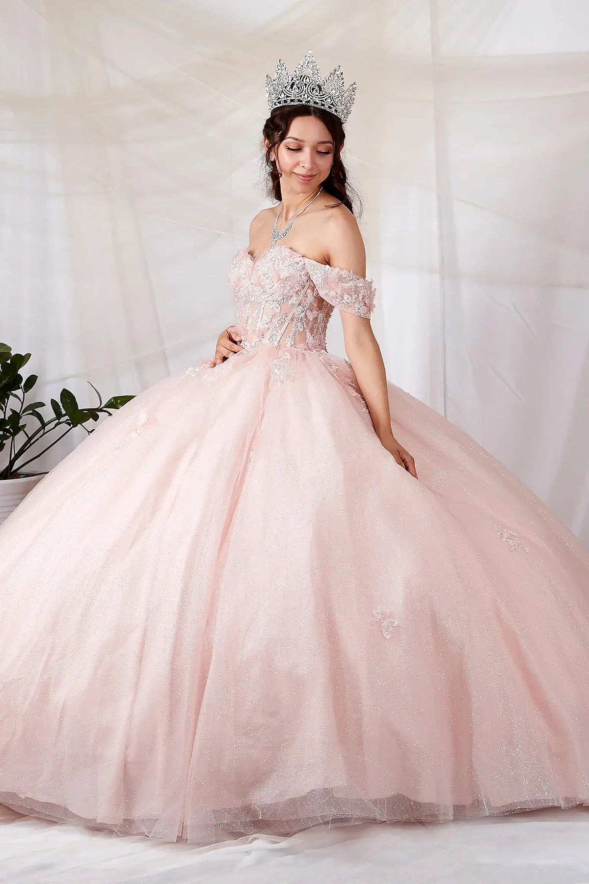 Pink quinceañera ball gown with sheer bodice, butterfly applique and glitter tulle skirt