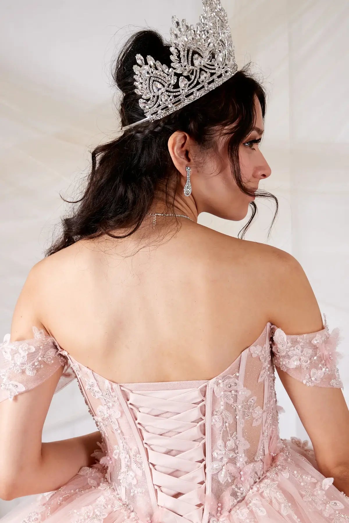 Pink quinceañera ball gown with 3D butterfly applique, sheer bodice and glitter tulle skirt