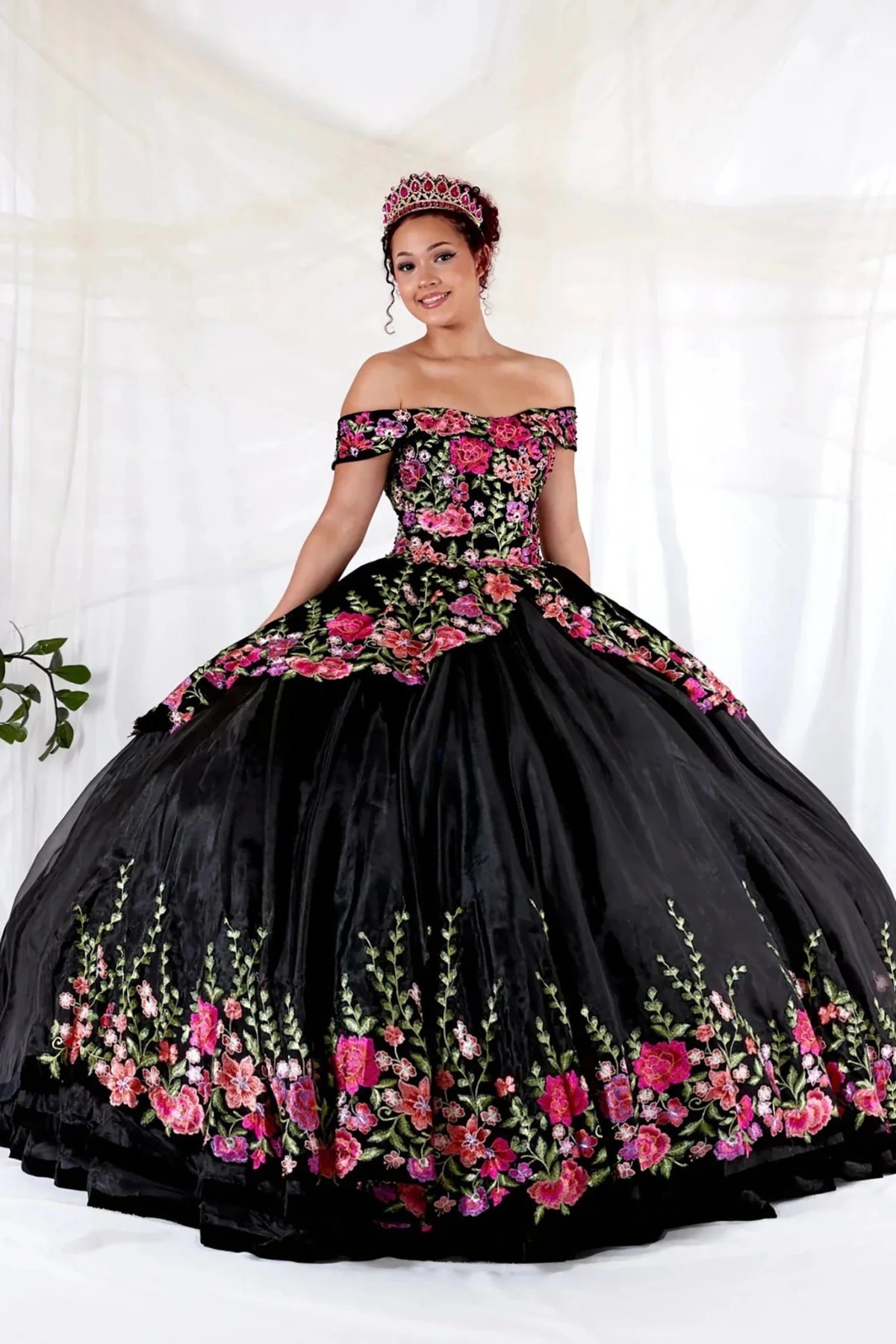 Black quinceañera ball gown velvet charro with allover floral embroidery