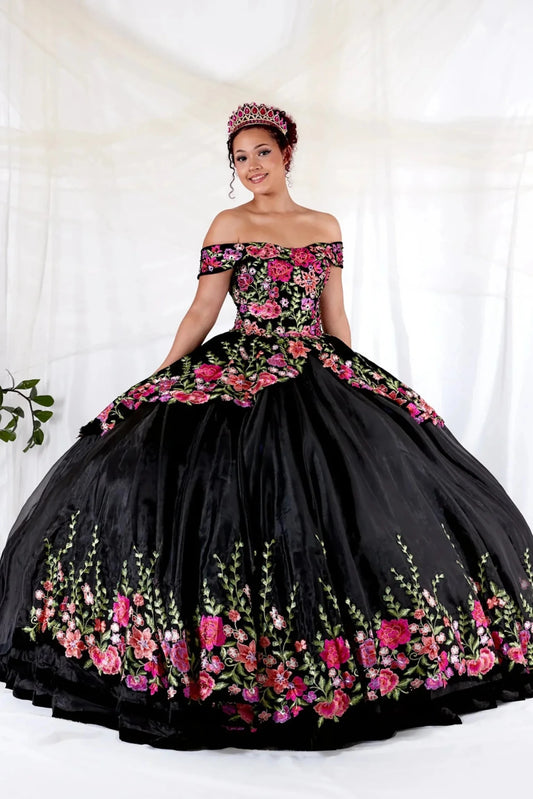 Detailed view highlights Black Velvet Charro quinceañera ball gown velvet charro with allover floral embroidery.