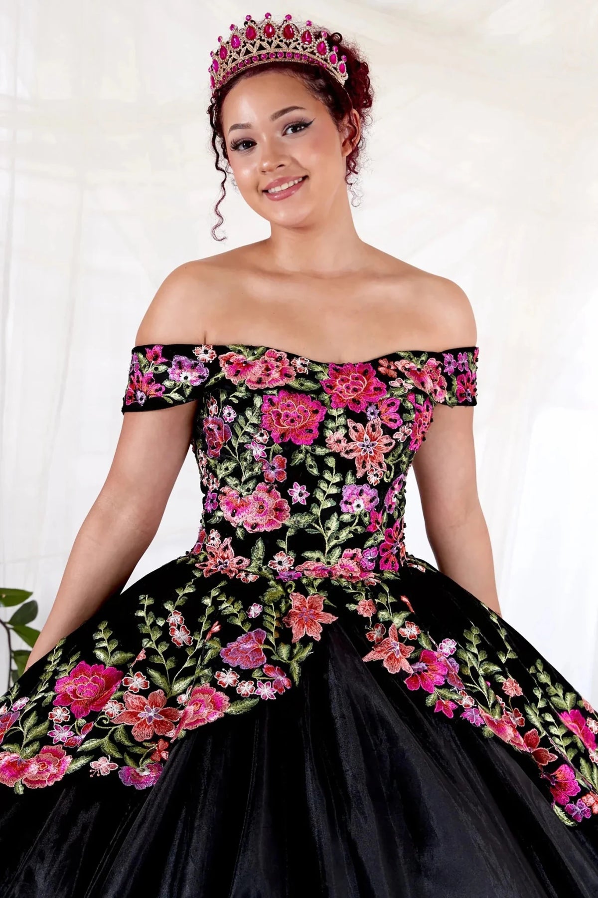 Black quinceañera ball gown velvet charro with floral embroidery