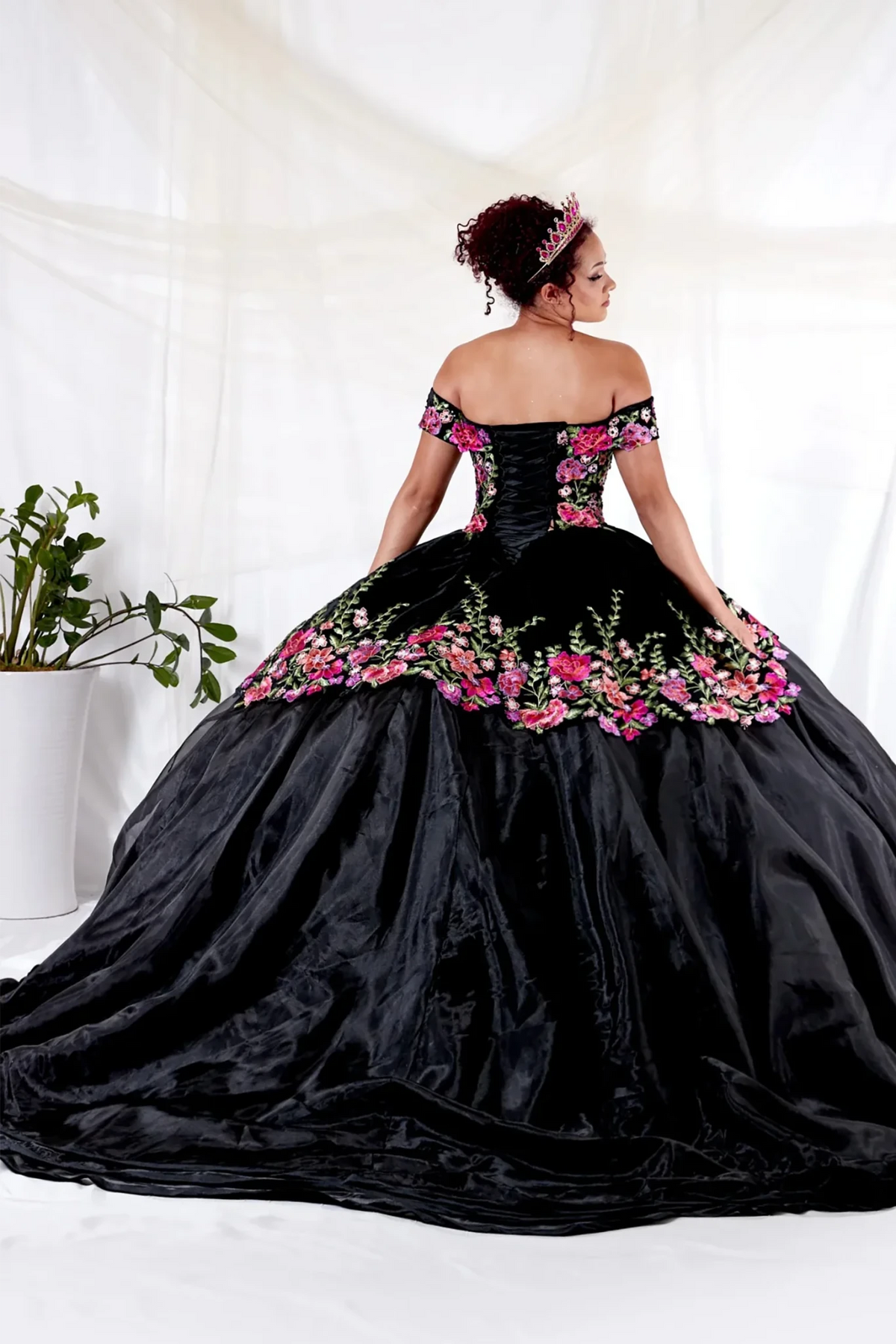 Black  quinceañera ball gown velvet charro with floral embroidery