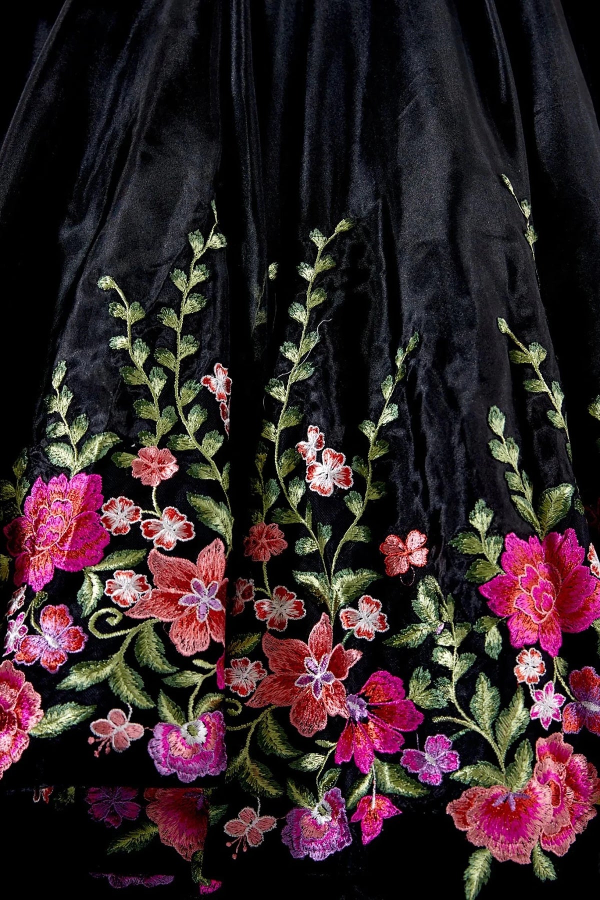 Black quinceañera ball gown velvet charro with floral embroidery