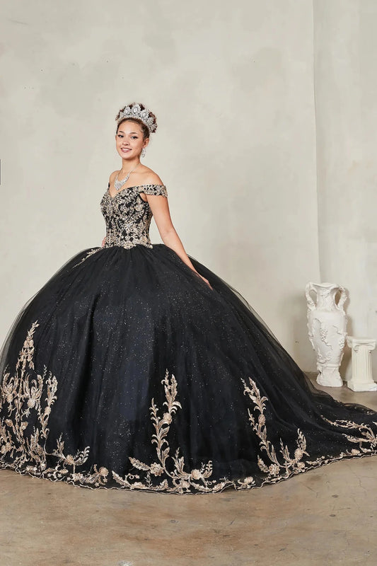 Black quinceañera ball gown with gold embroidered bodice and glitter tulle overlay skirt