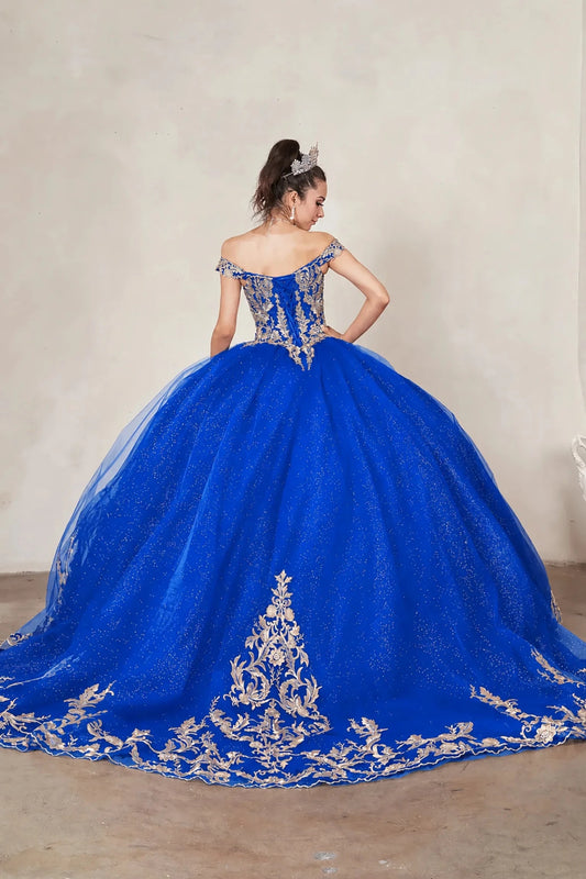 voluminous blue quinceanera ball gown with gold lace embroidery and long train