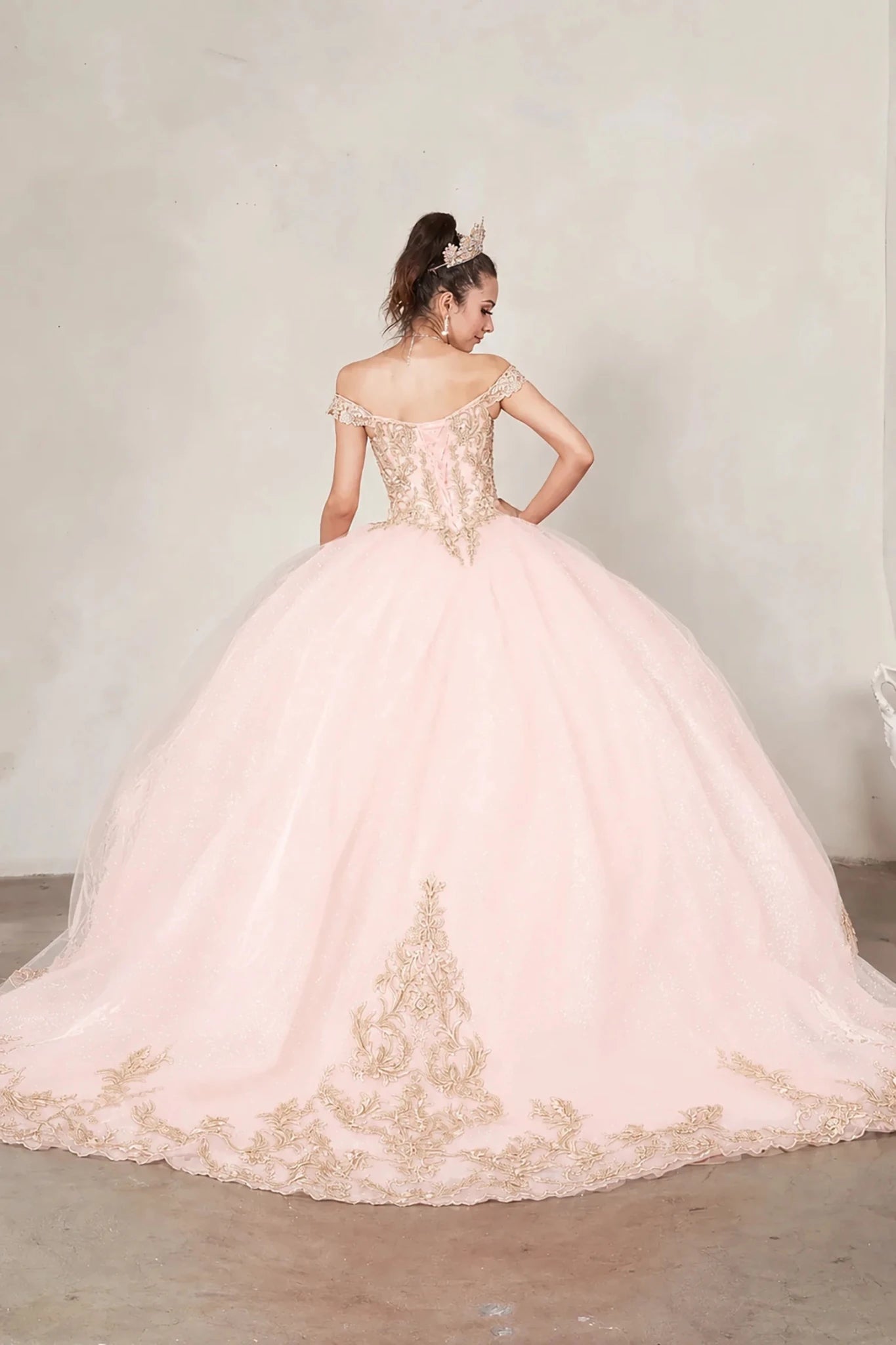 Blush quinceañera ball gown with gold embroidered lace applique, glitter tulle overlay and long train