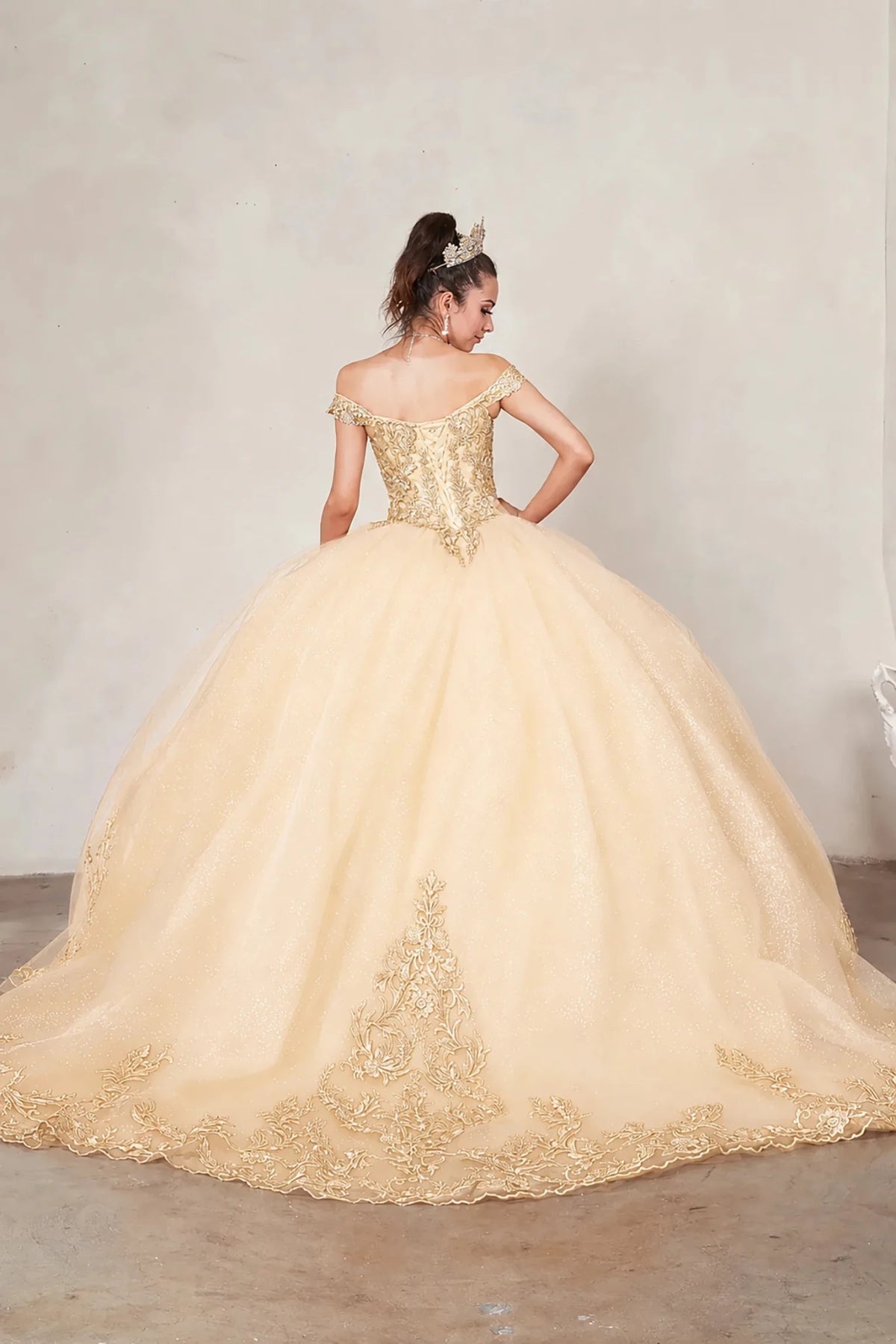Champagne quinceañera ball gown with gold embroidered lace applique and glitter tulle overlay skirt