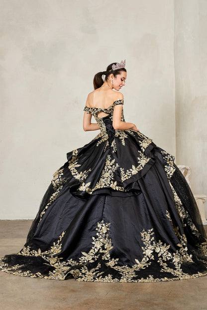 Detailed view highlights black quinceañera ball gown with beaded gold embroidery, glitter layered skirt and lace‑up corset.