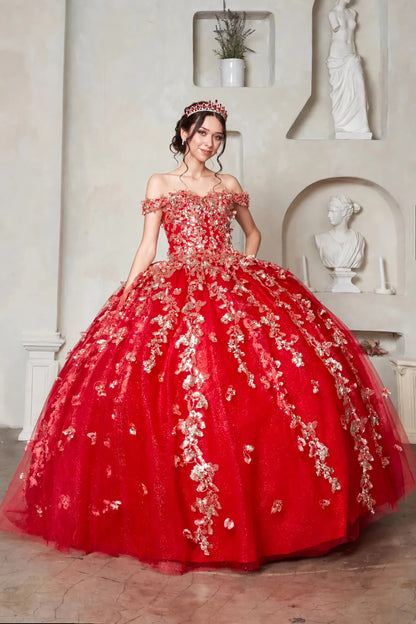 Intricate features stand out across red quinceanera ball gown with gold floral embroidery and off-the-shoulder detailing.