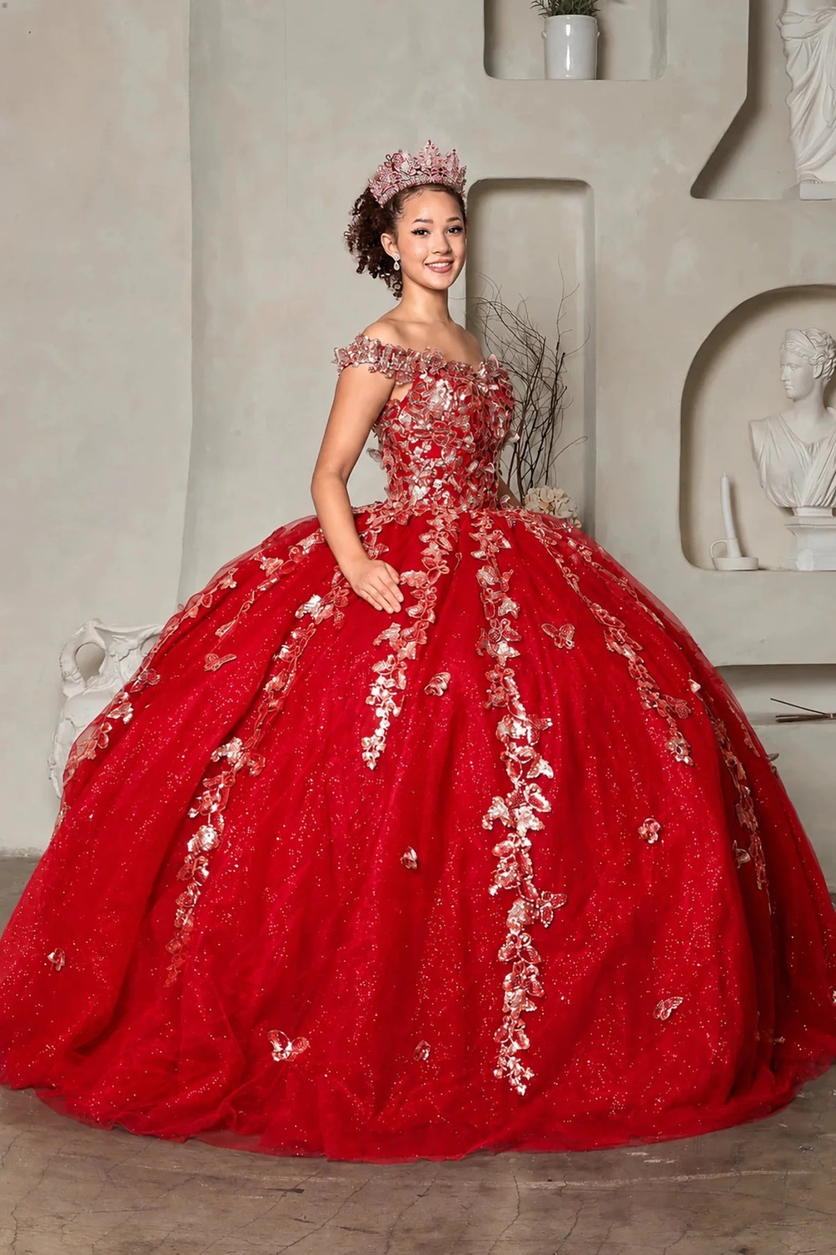 voluminous red quinceanera ball gown with gold floral embroidery