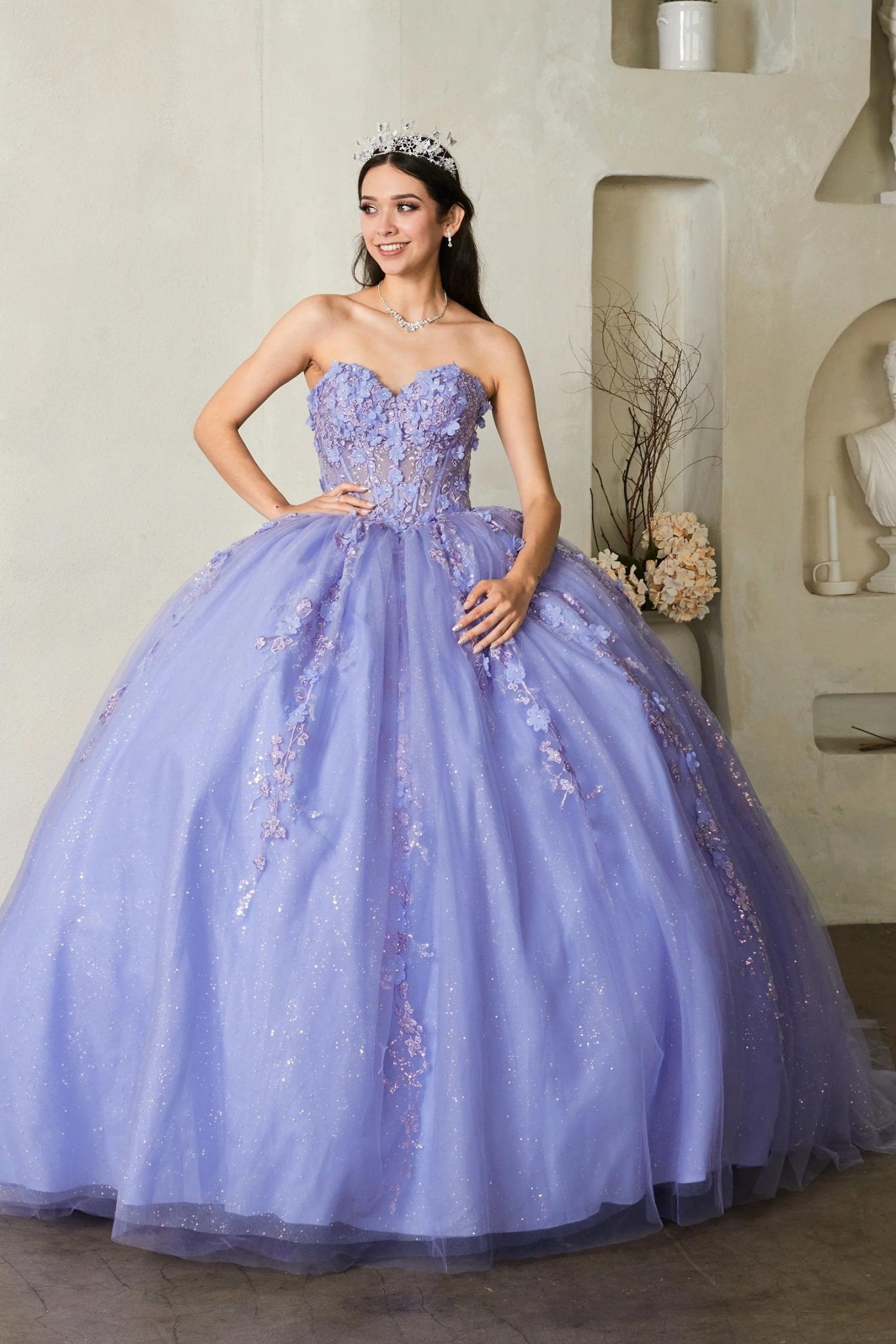 lilac quinceañera ball gown with floral lace appliques 