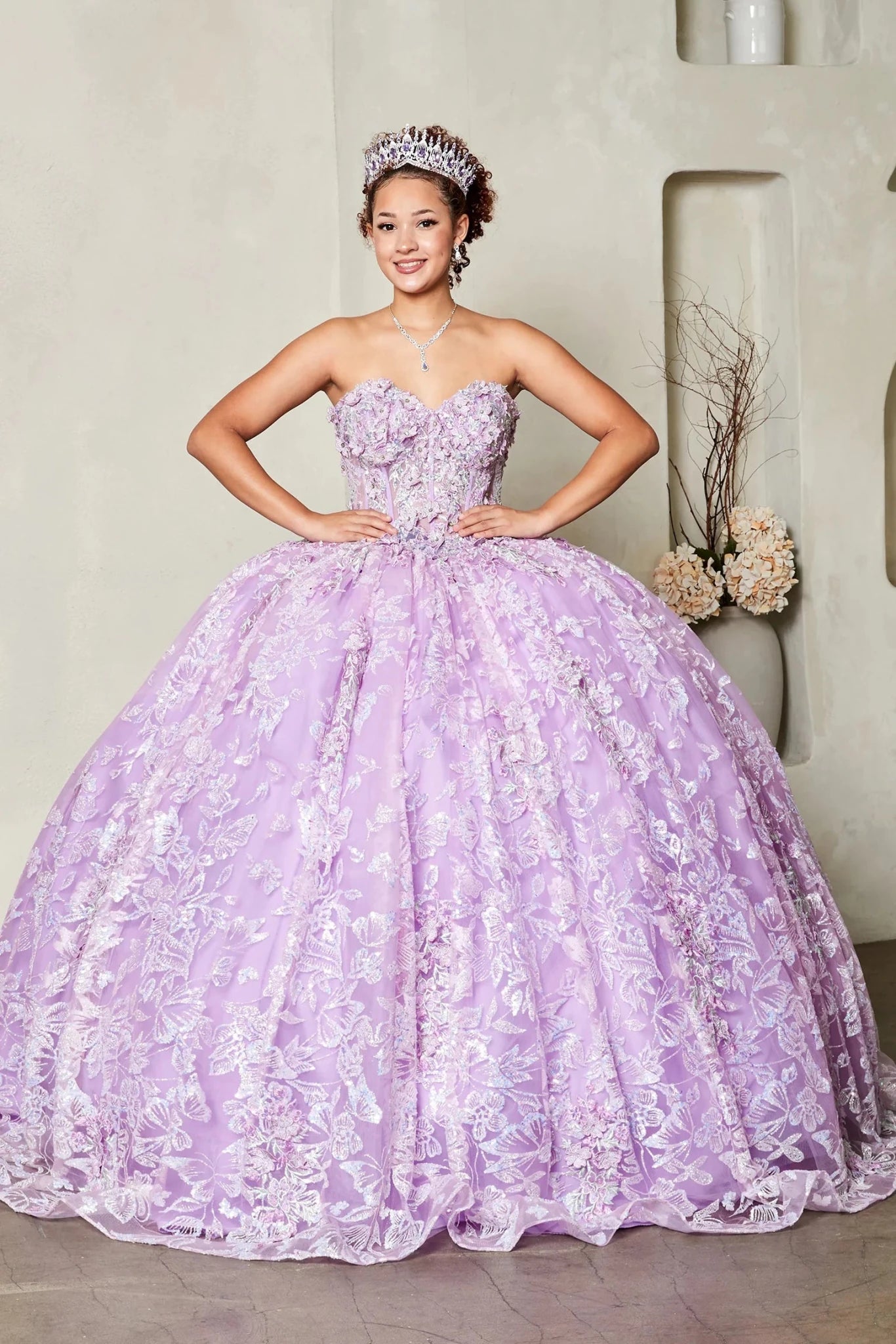 lilac strapless quinceaneraball gown with white floral lace appliques