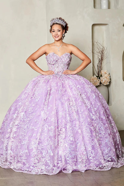 lilac strapless quinceaneraball gown with white floral lace appliques