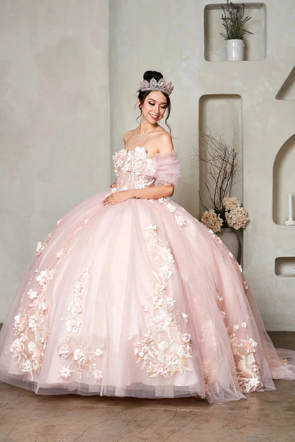 a voluminous blush quinceanera ball gown with floral appliqué and detachable puff sleeves