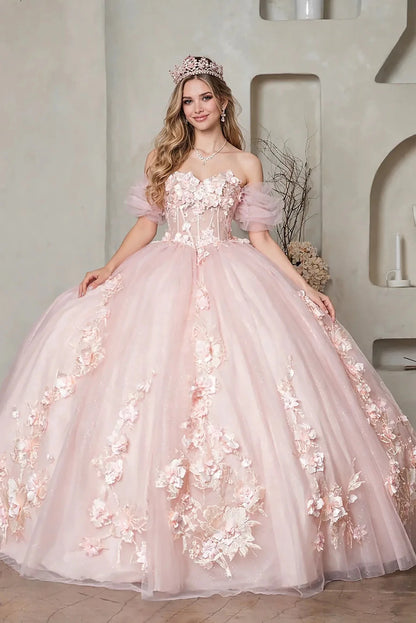 a voluminous light pink quinceanera ball gown with floral appliqué, puff sleeves