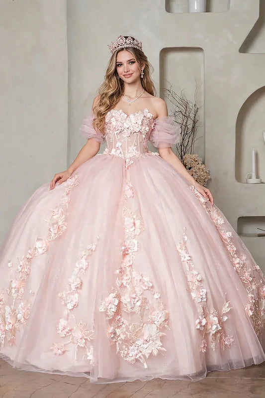 Bodice close-up highlights blush quinceañera ball gown with illusion bodice, 3D floral lace, puff sleeves and glitter tulle.